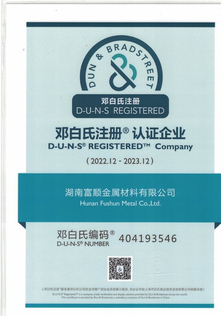 Trung Quốc Hunan Fushun Metal Co., Ltd. Chứng chỉ